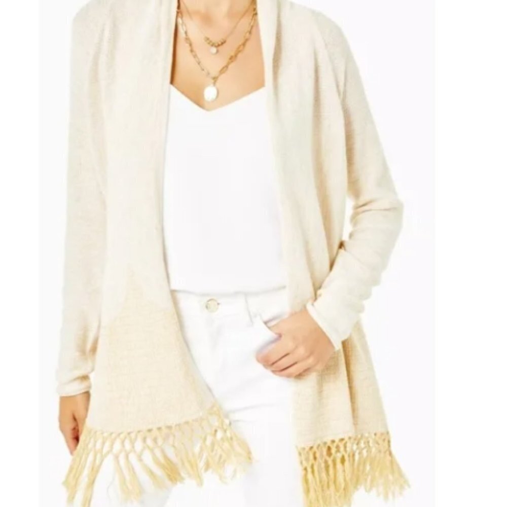 Lilly Pulitzer Tatum Long Fringe Cardigan size Large NWT in Gold Metallic - Picture 3 of 9